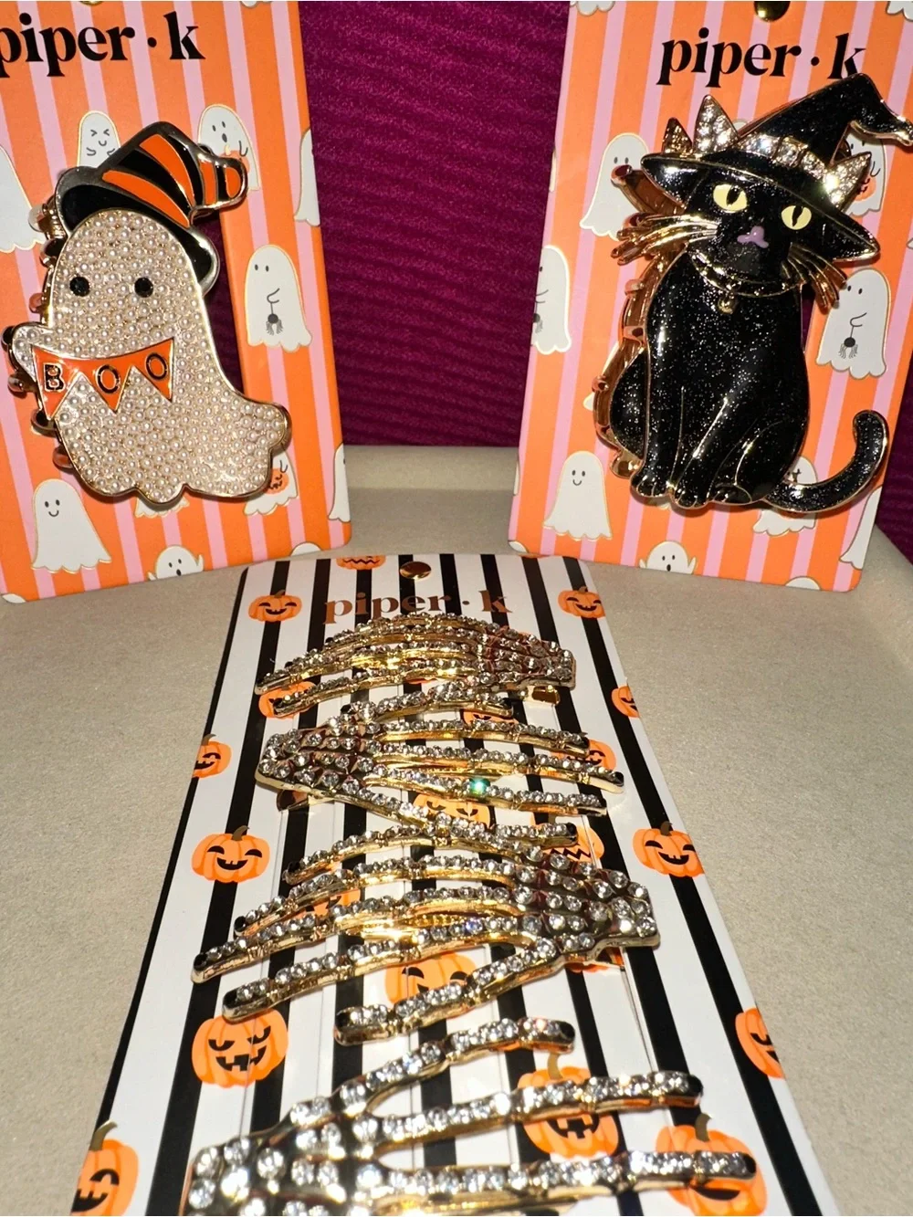 Piper.k Halloween Cat & Ghost Enamel Hair Claw Clip with Skeleton Crystal Clips